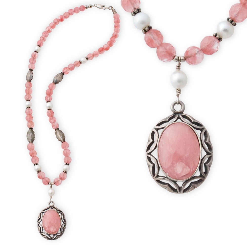 Strawberry Quartz & Genuine Pearl Sterling Silver Beaded Pendant Necklace